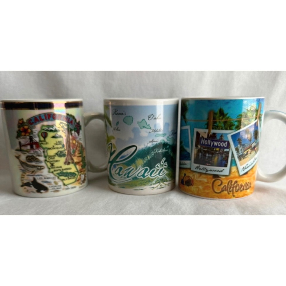 California Hawaii Souvenir Coffee Mug Lot of 3 ABC Stores Hollywood Map Ceramic